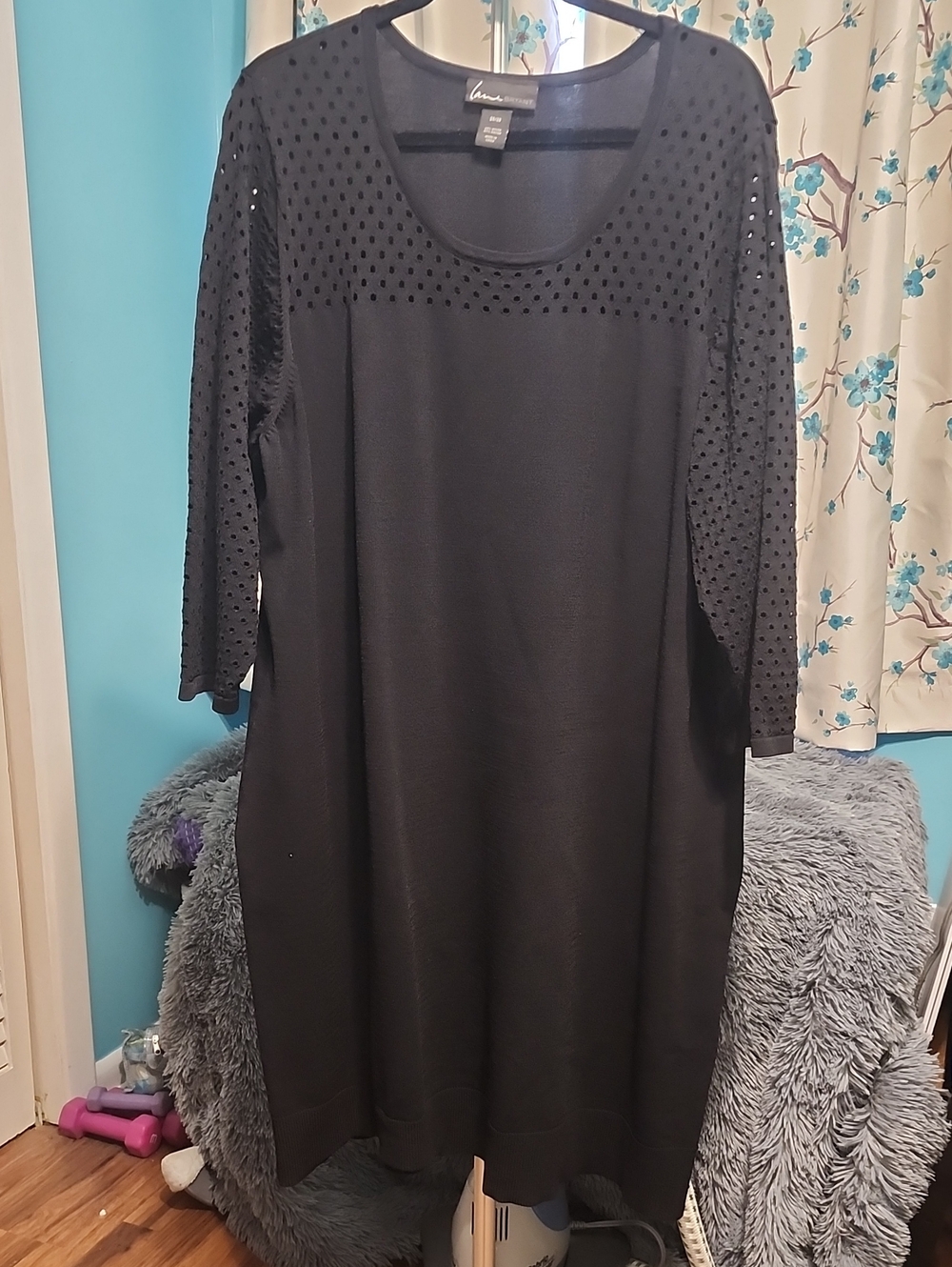 Lane Bryant Black Long Sleeve Scoop Neck Knit Dress with Mesh Detail